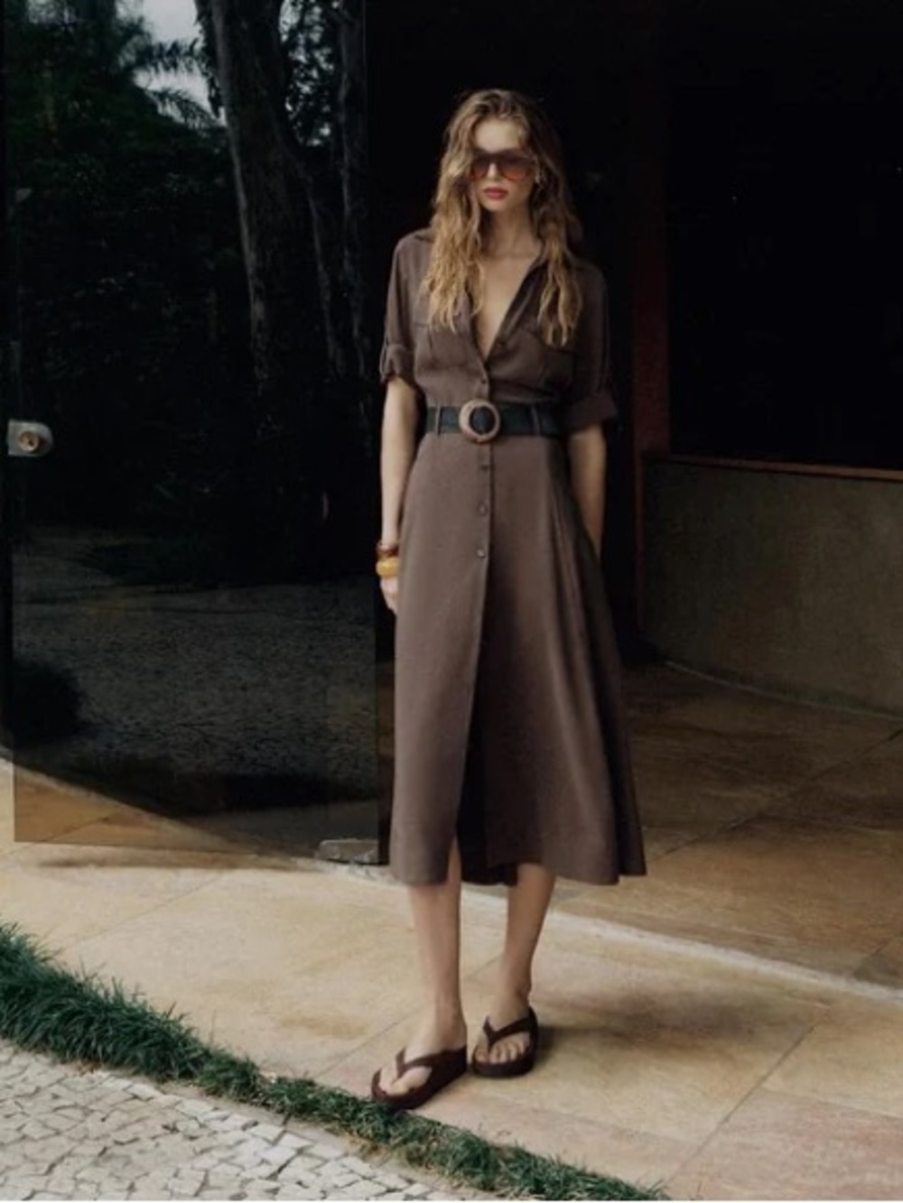 Zara Flowing Shirt Dress With Belt Brown Midi S NWT